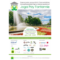 Plakat. Na górze foto fontanny w parku A. Mickiewicza. Na dole loga organizatorów i patronów