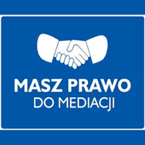 Plakat wydarzenia - uściśnięte dłonie na niebieskim tle, biały napis