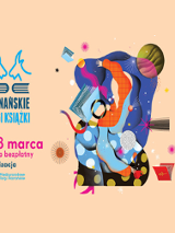 Kolorowa grafika, po lewej granatowe, niebieskie i różowe napisy na jasnym tle