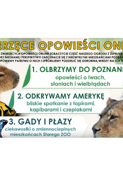 Po lewej gryzoń i dwie żaby, po prawej lwica i wąż. Na środku napisy.