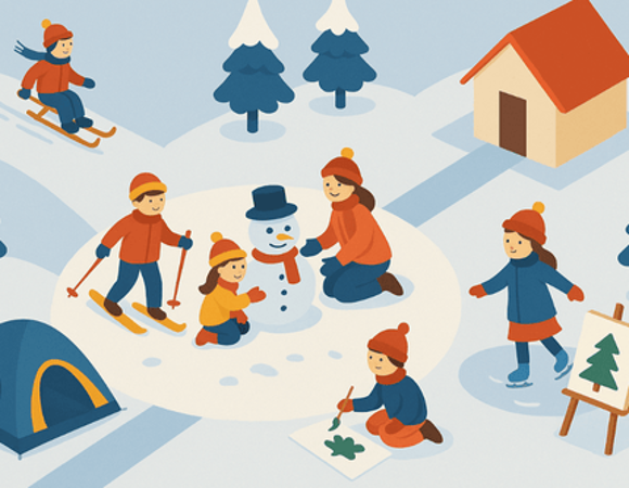 Radosna grafika przedstawia dzieci bawiące się w śniegu. Widać dzieci zjeżdżające na nartach i sankach. Obok dziewczynka jeździ na łyżwach. Na środku dziewczynka z mamą lepią bałwana.