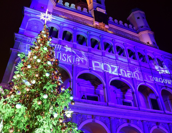 Zdjecie z dołu wysokiej zielonej choinki. Choinka jest ubrana w wiele bombek, łańcuchy a na szczycie ma gwiazdę. W tle rozświetlony na fioletowo budynek Ratusza.